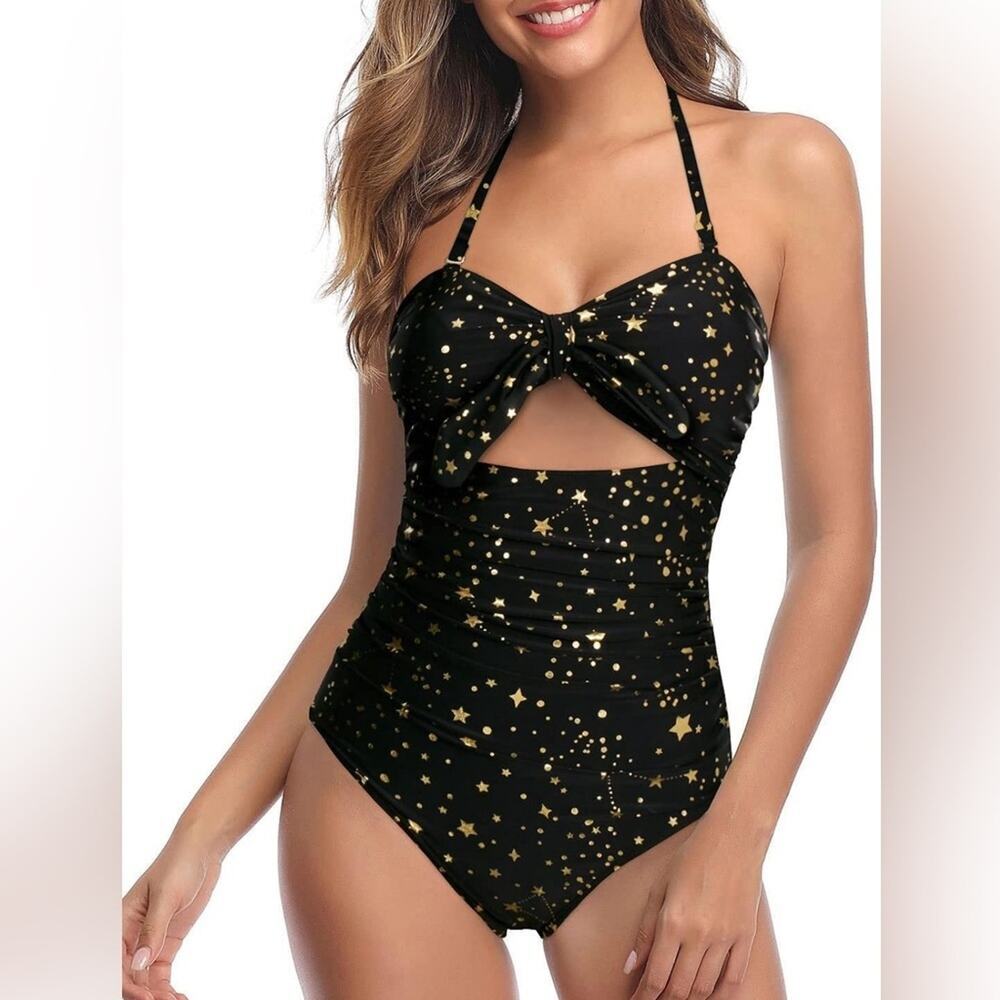 One Piece Swimsuits Tummy Control High Waisted Halter Front Tie Knot Size XL
